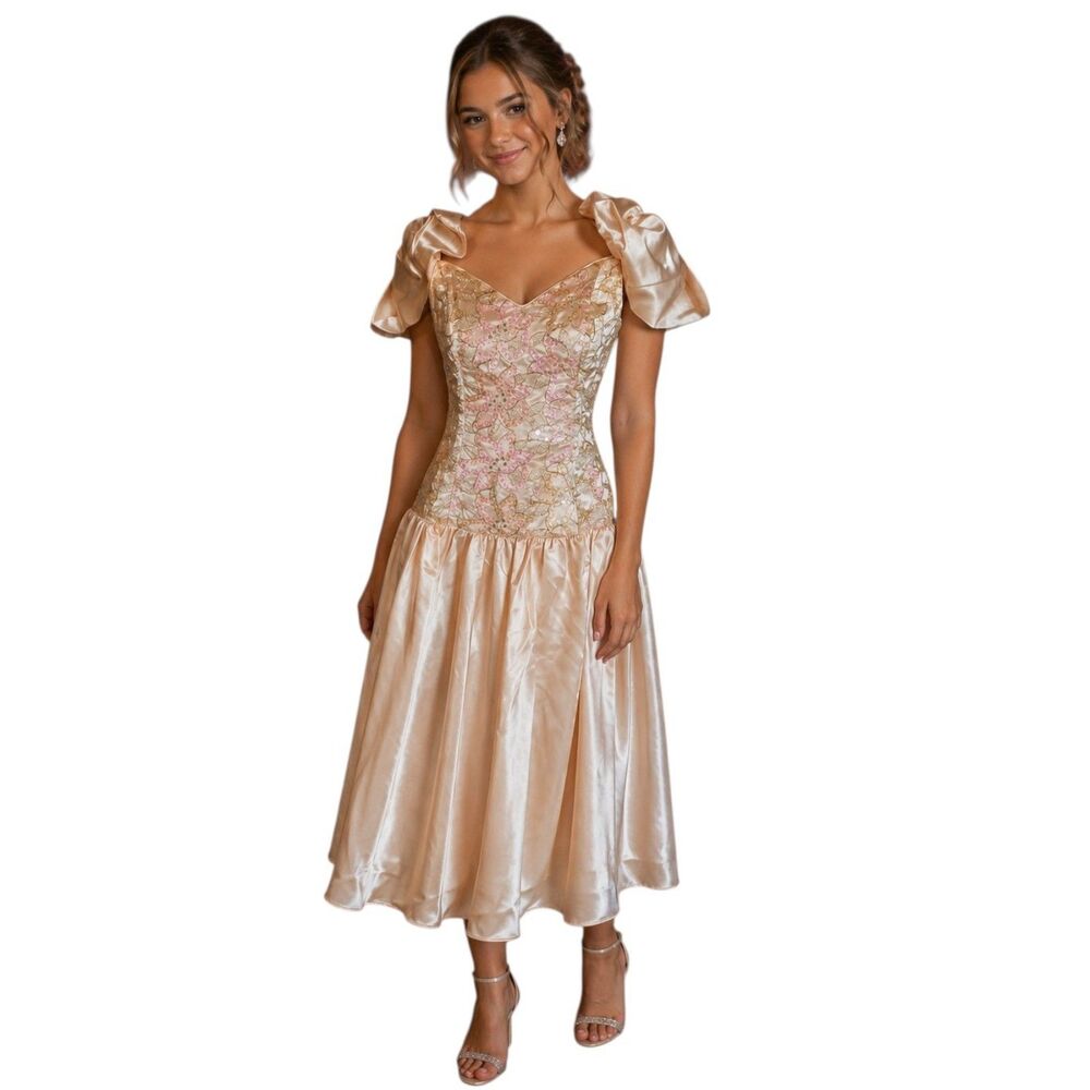 Jessica Mcclintock Gunne Sax Beaded Midi Prom Dress Juniors 9 Peach Drop Waist